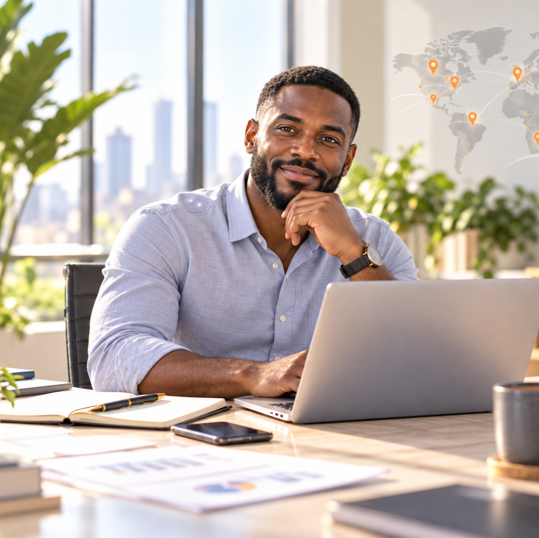 A business owner at his laptop planning a multi-location network